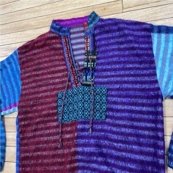Boho Surfer Beach Sweater Adult L Tribal Beach Knit Aqua ColorBlock Pullover M/L - Picture 14 of 16